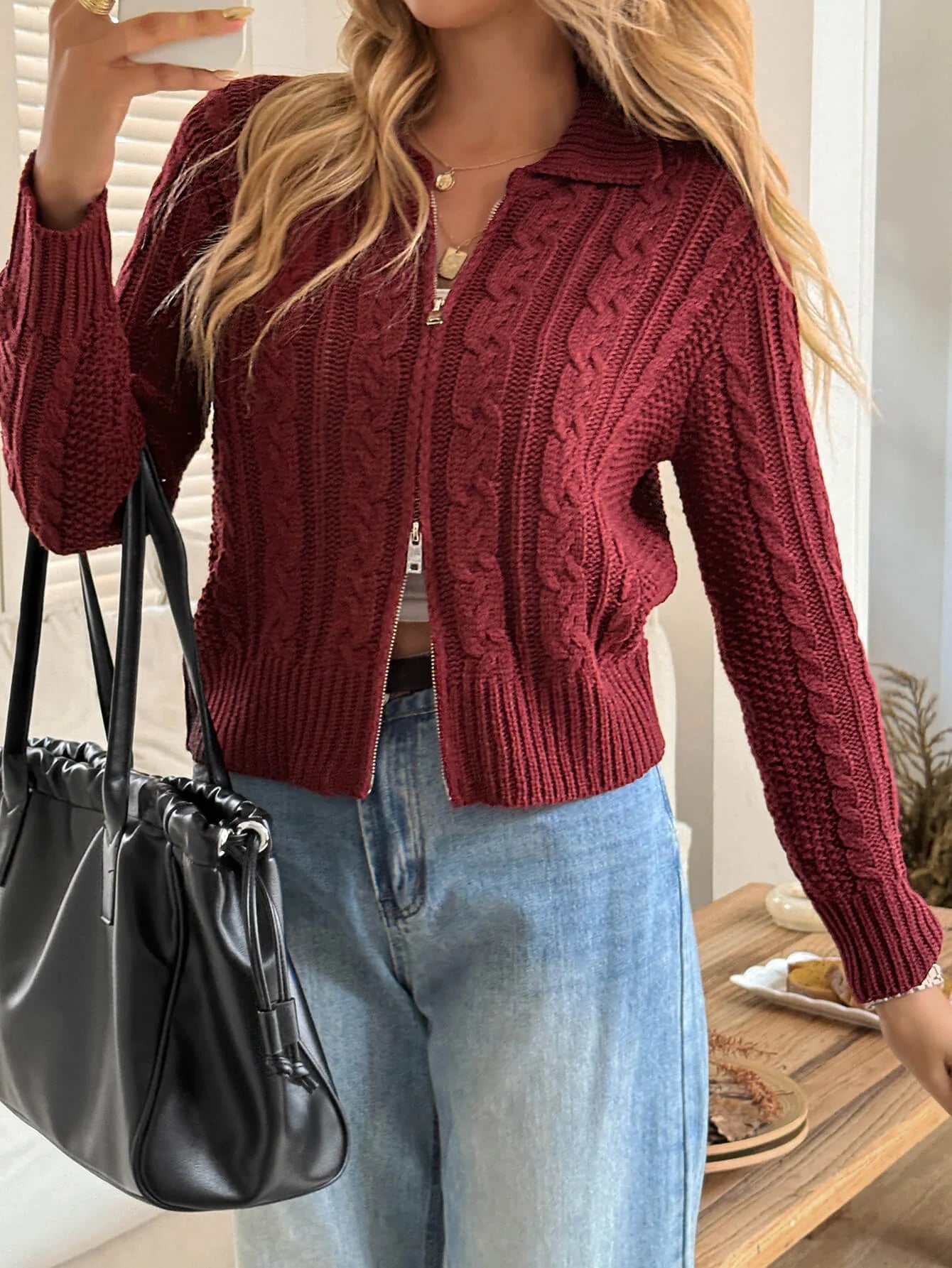 Emily Crop Zip-Up Cardigan Wine