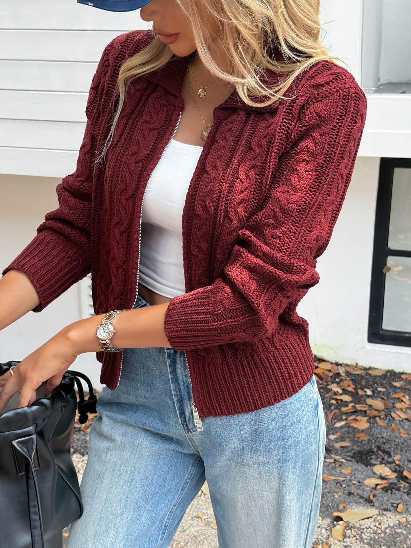 Emily Crop Zip-Up Cardigan Wine