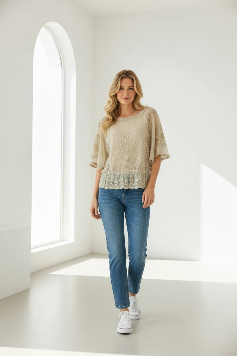 Blair Lace Embroidered Top Beige