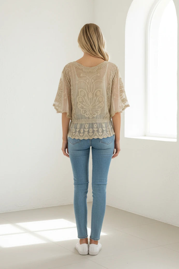 Blair Lace Embroidered Top Beige