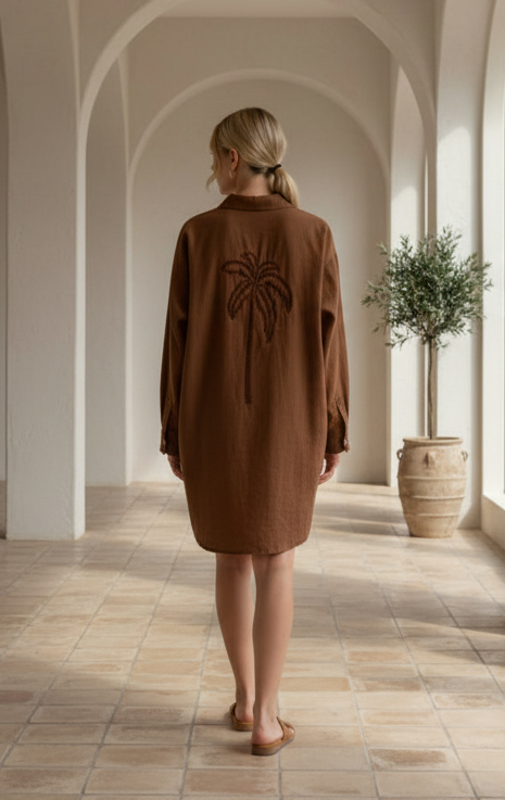 Palms Embroidered Shirt Dress Chocolate