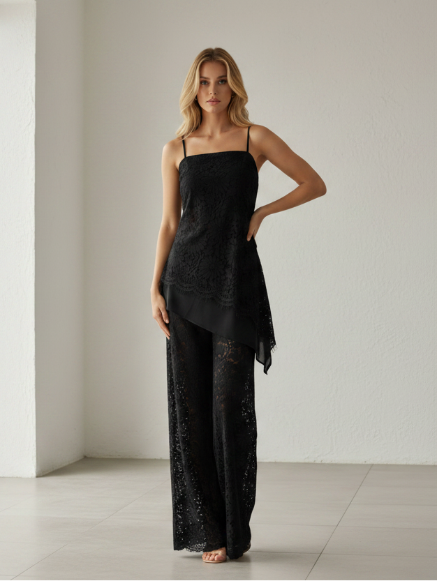 Shannon Lace Asymmetric Top & Pant Set Black