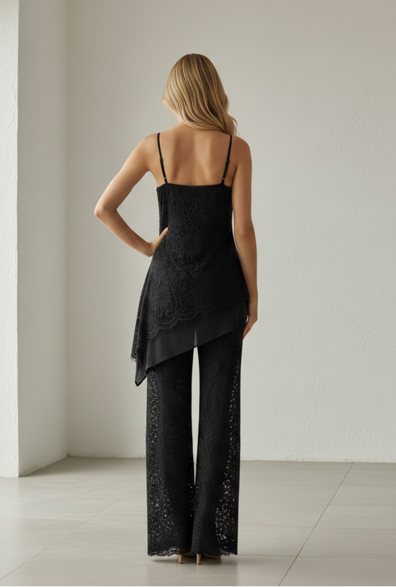 Shannon Lace Asymmetric Top & Pant Set Black