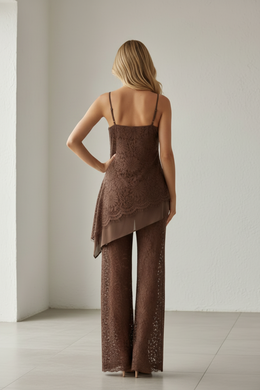 Shannon Lace Asymmetric Top & Pant Set Choc