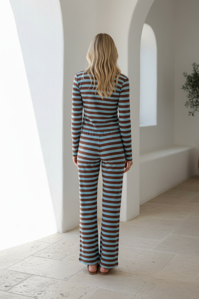 Brianna Jersey Top & Pant Set Blue/Choc