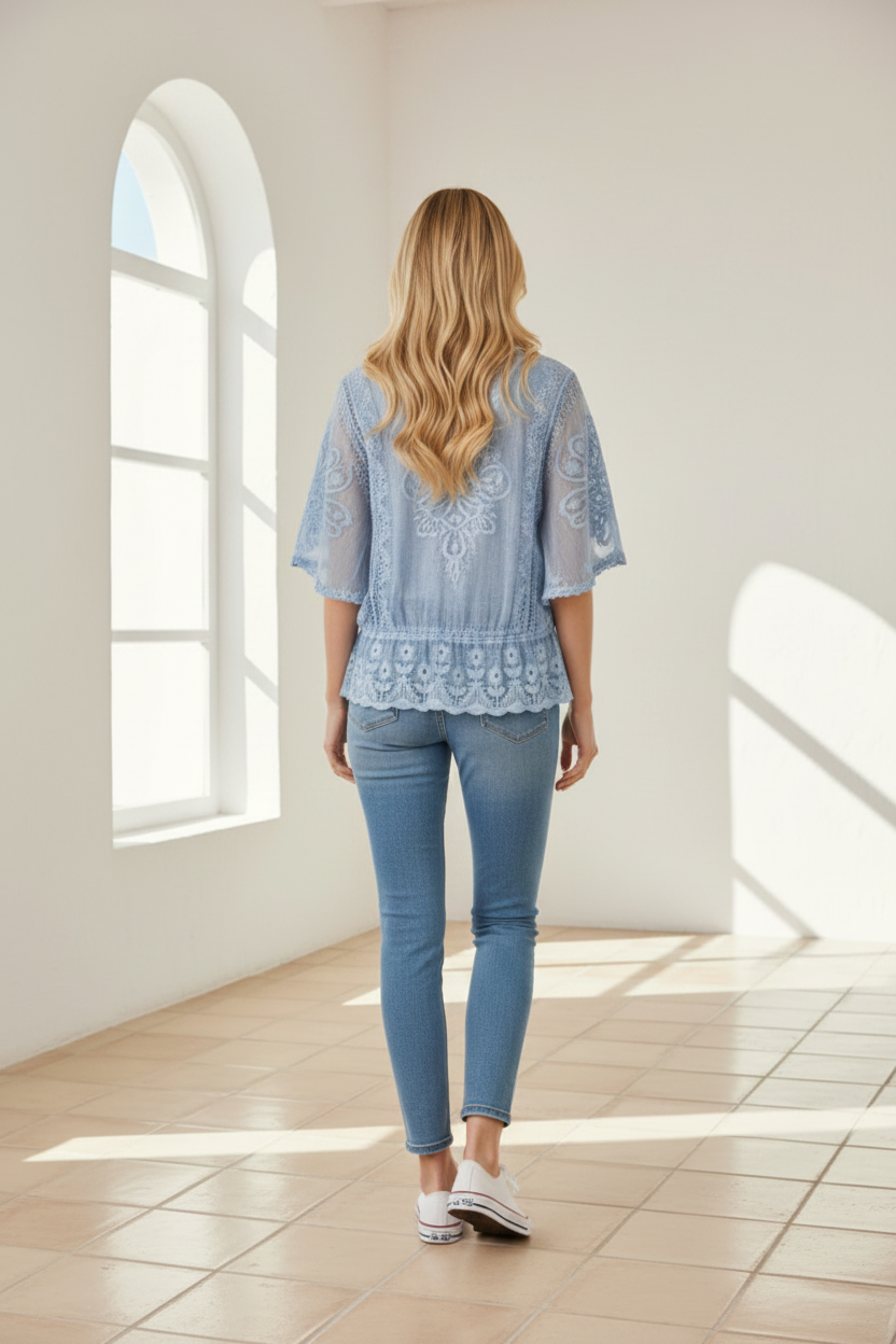 Blair Lace Embroidered Top Blue