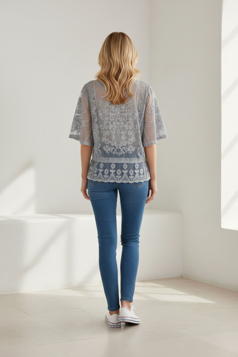 Blair Lace Embroidered Top Silver