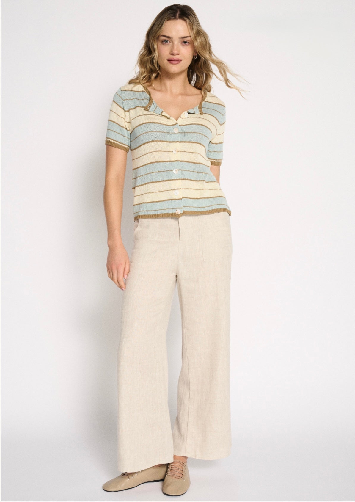 Solene Stripe Button Up Top Dusty Aqua