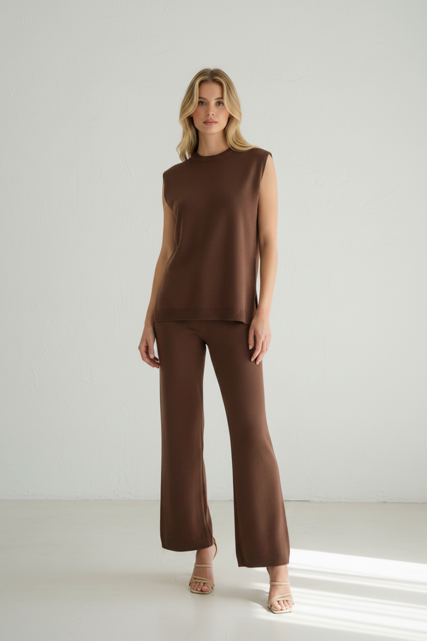 Cassia Knit Split Side Top & Pant Set Chocolate