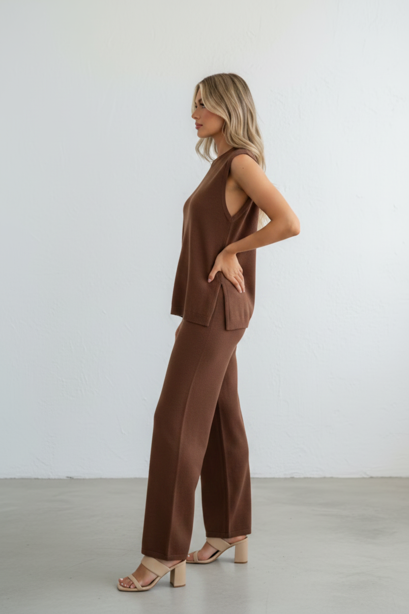 Cassia Knit Split Side Top & Pant Set Chocolate