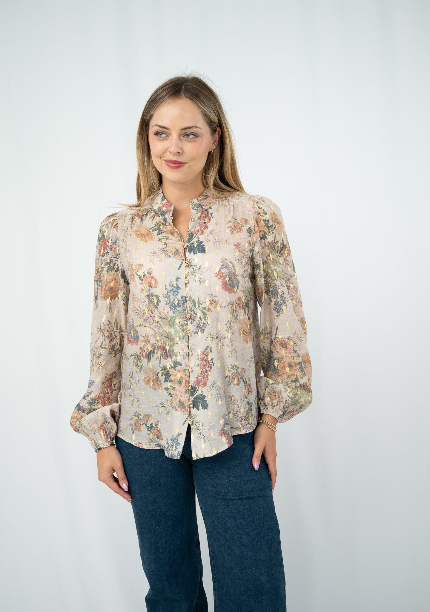 Serena Gold Leaf Blouse Beige