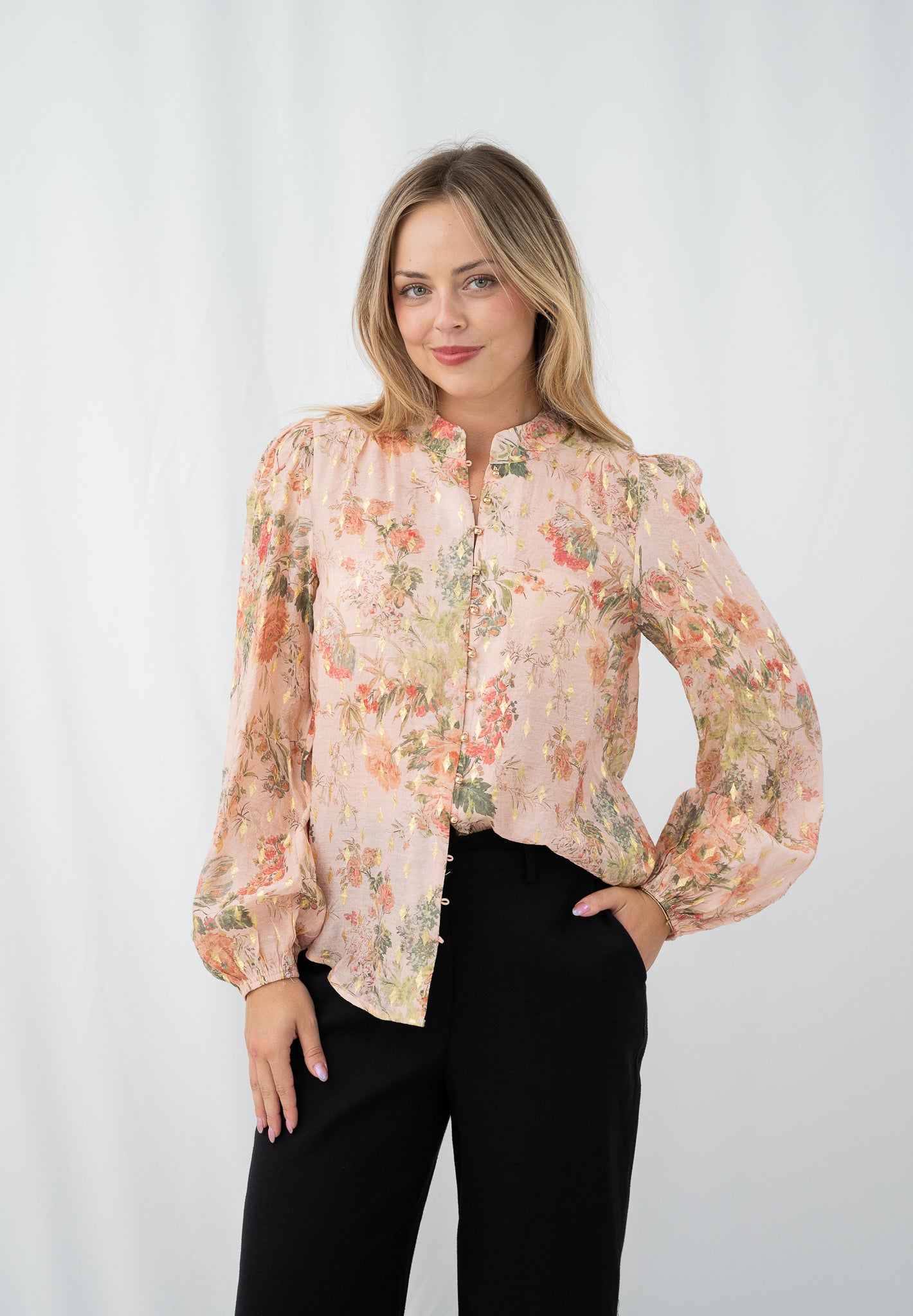 Serena Gold Leaf Blouse Pink