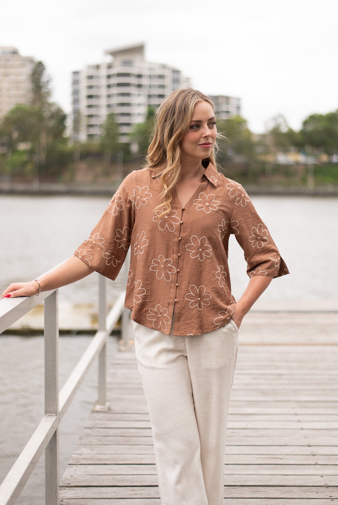Daisy Embroidered Shirt Brown