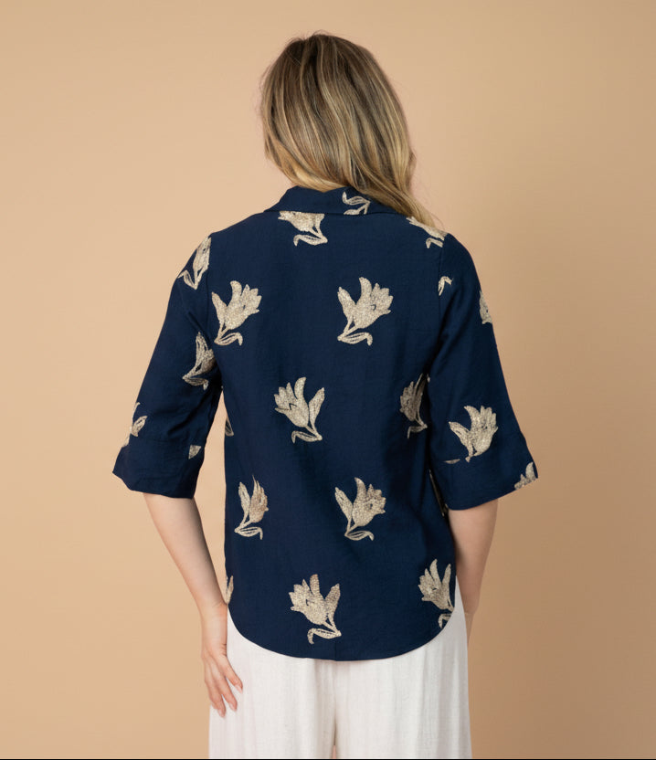 Mali Gold Petal Blouse Navy