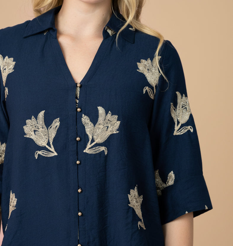 Mali Gold Petal Blouse Navy