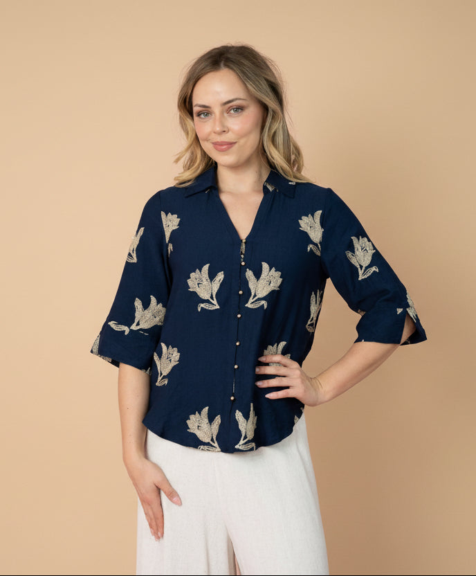 Mali Gold Petal Blouse Navy