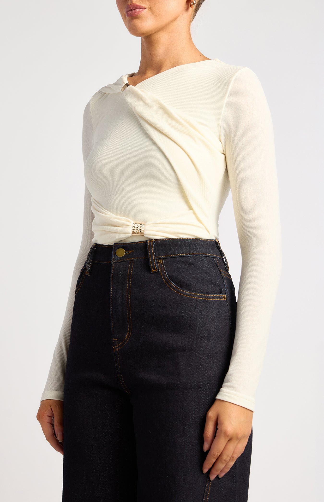 Lia Asymmetric Gold Detail Top Ivory