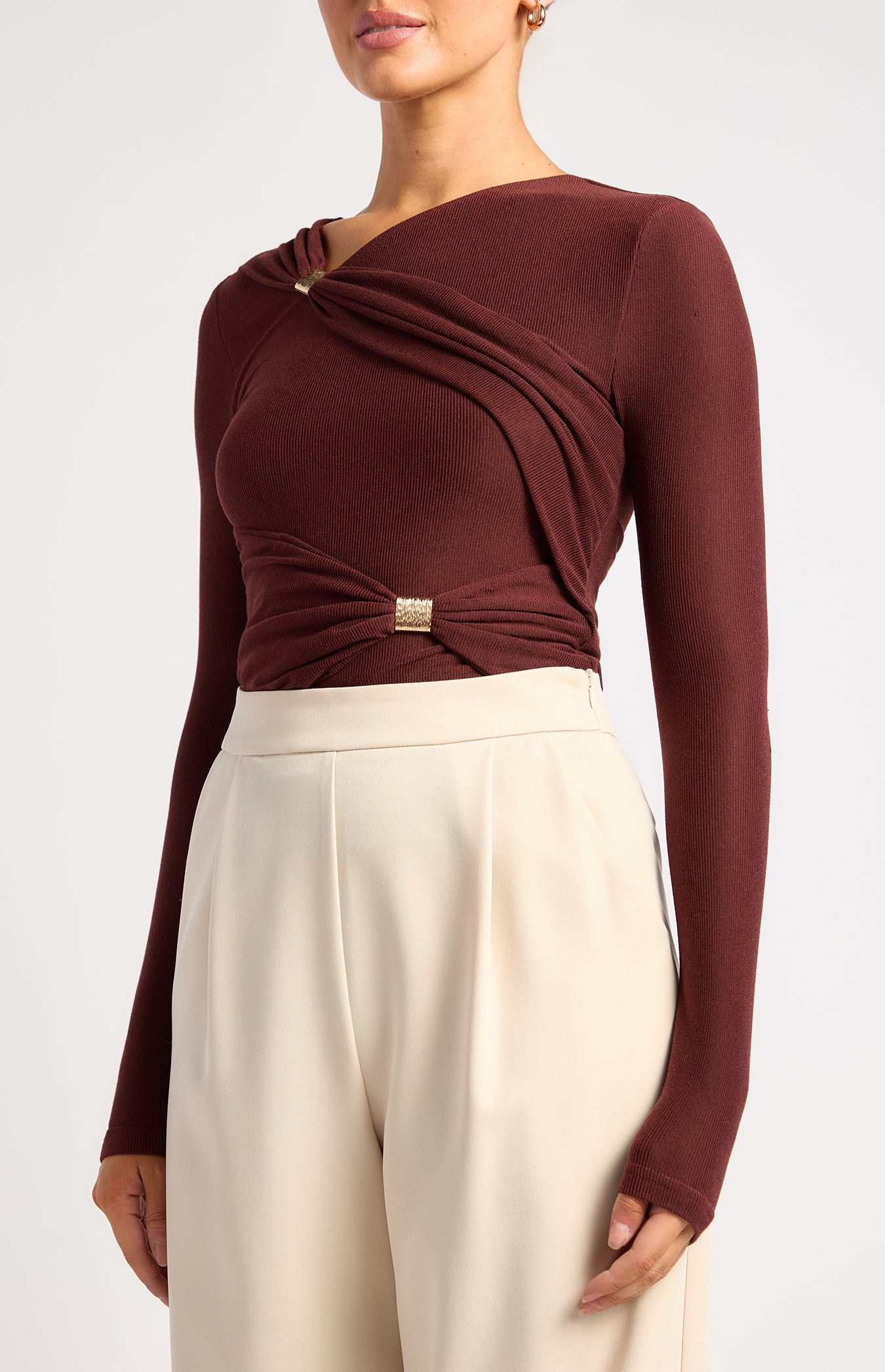 Lia Asymmetric Gold Detail Top Wine