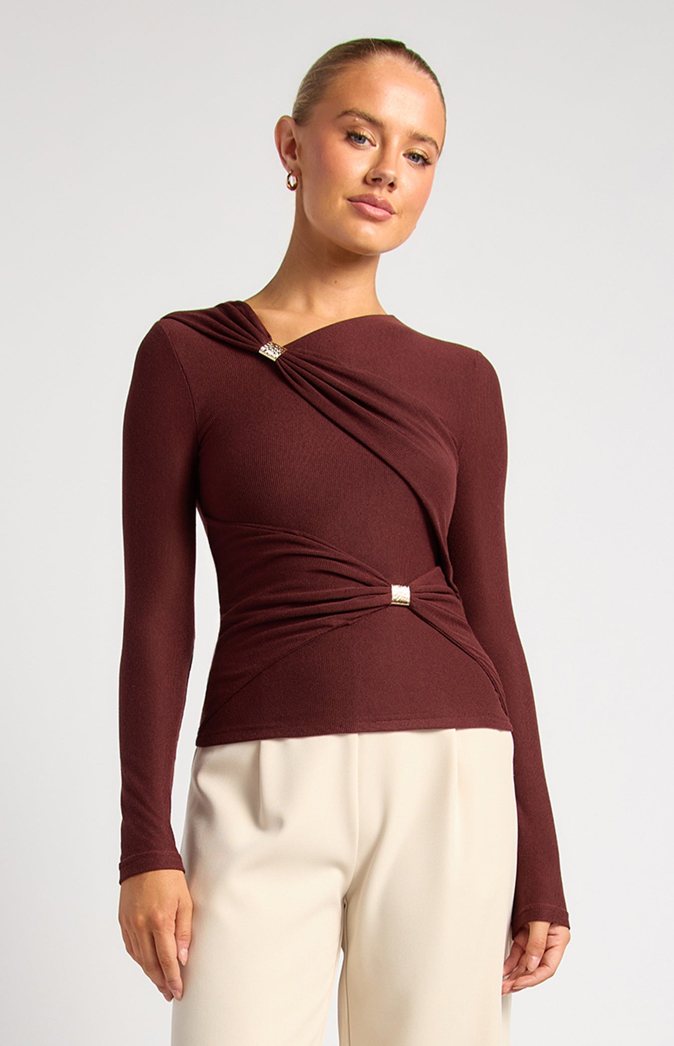 Lia Asymmetric Gold Detail Top Wine