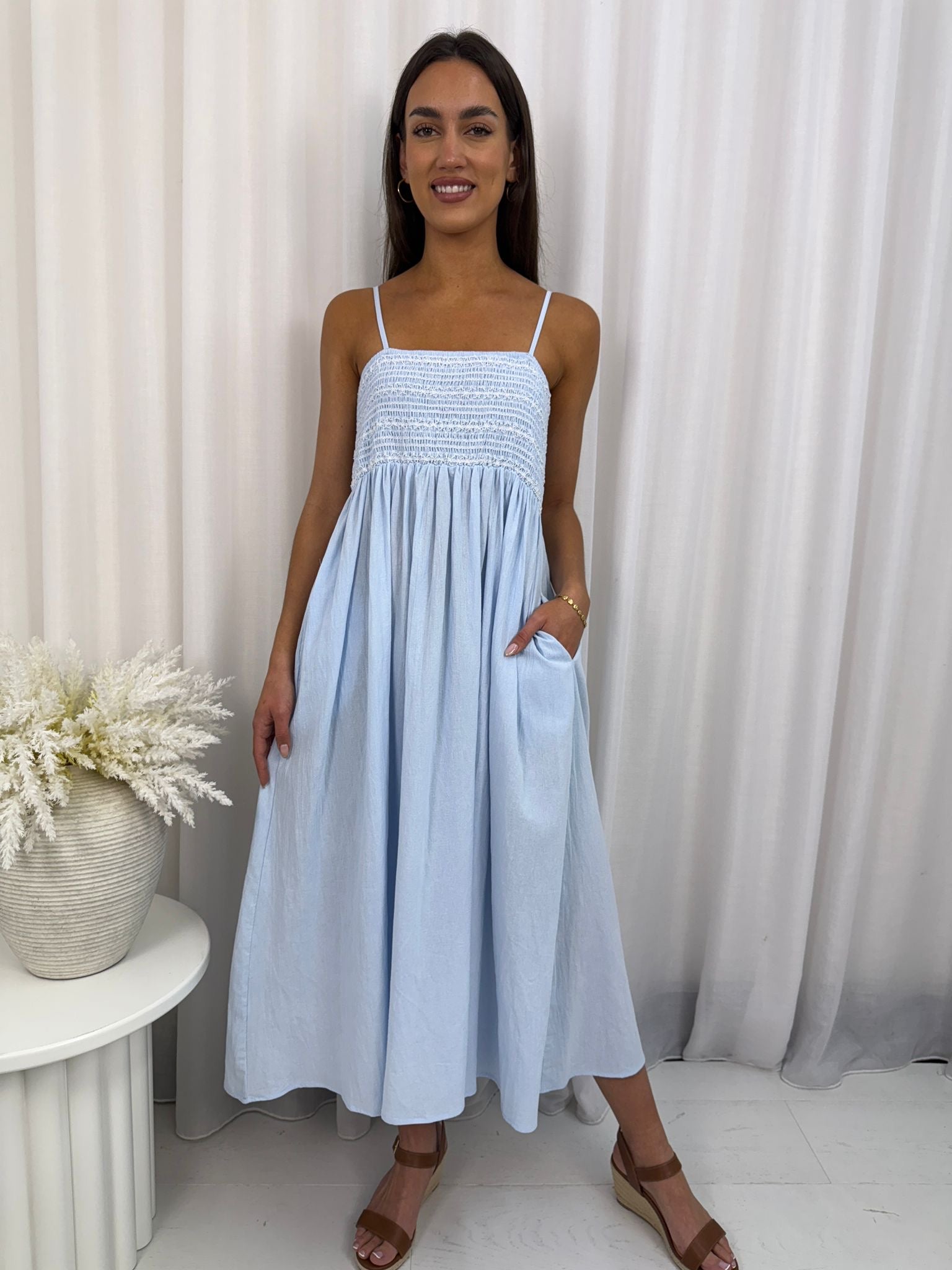 Lilah Shirred Maxi Dress Blue