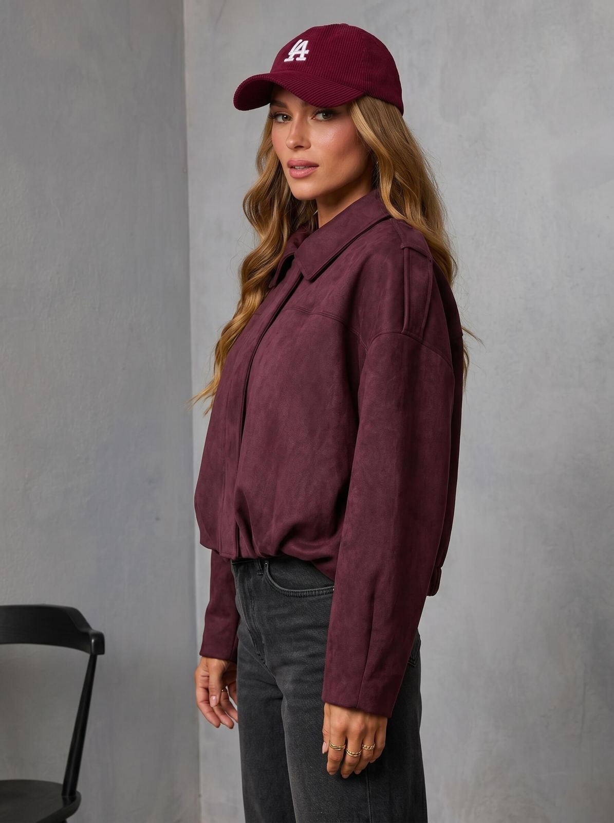 Juni Suede Bomber Jacket Dark Wine