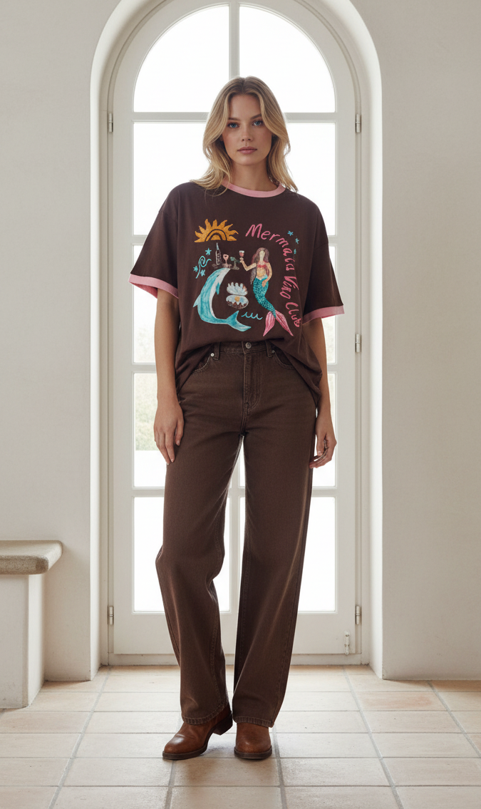 Mermaid Vino Club Tee Chocolate