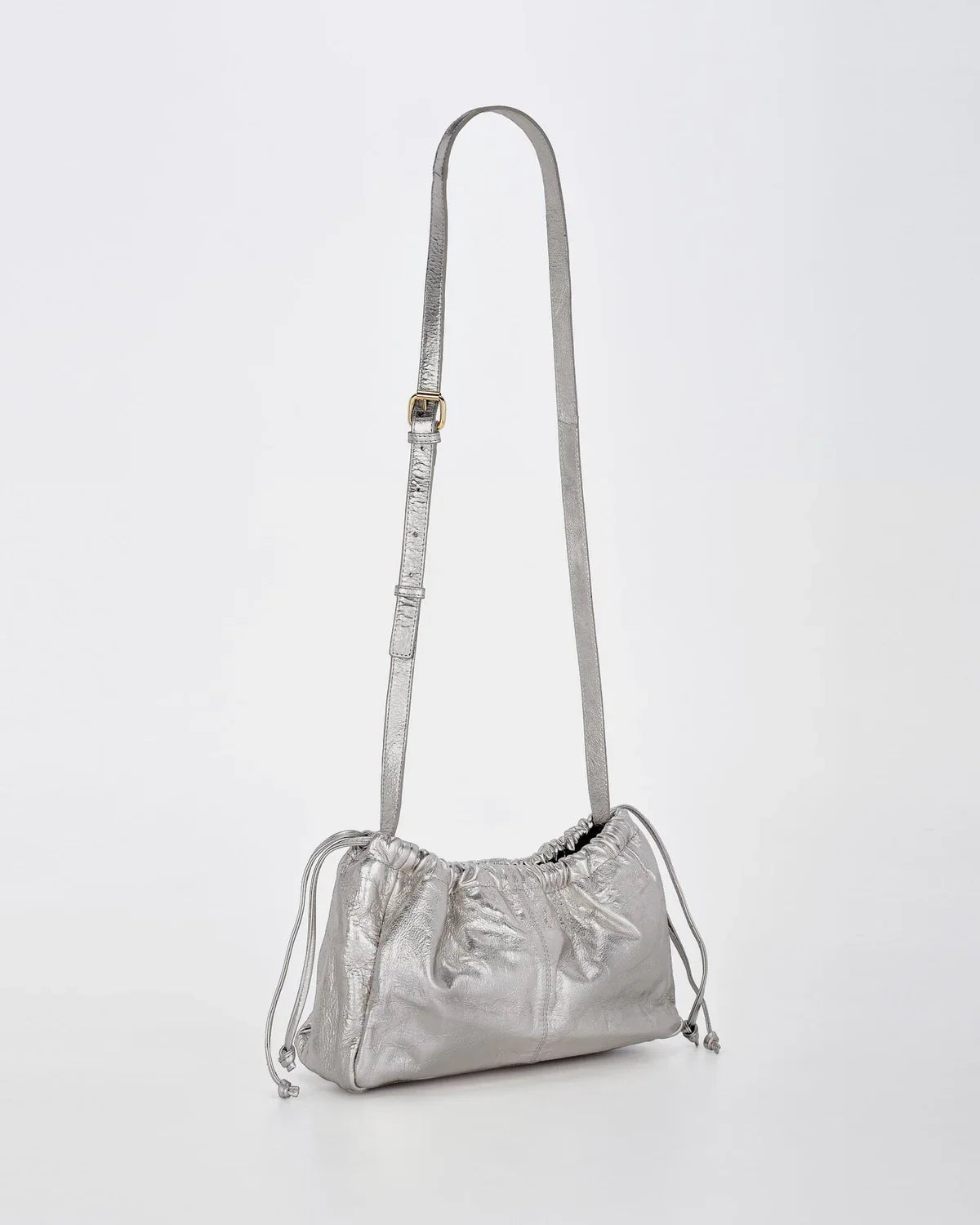 Halley Silver Metallic Leather Drawstring Bag