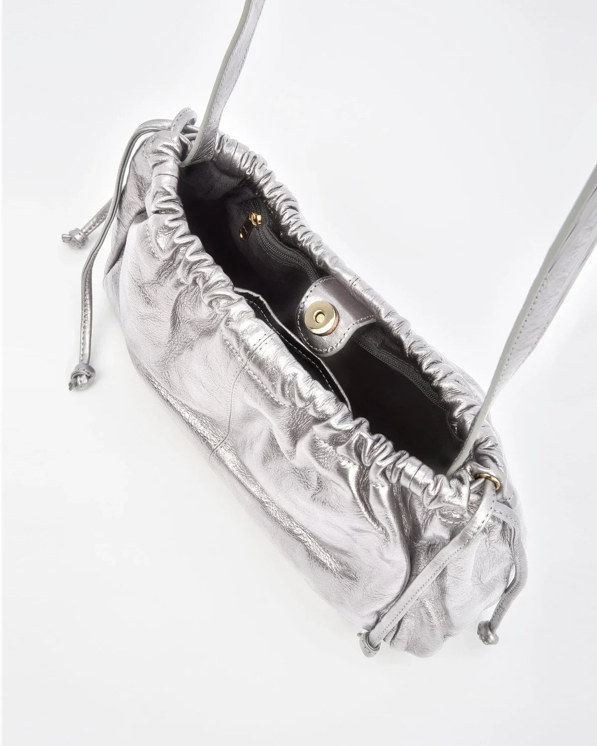 Halley Silver Metallic Leather Drawstring Bag