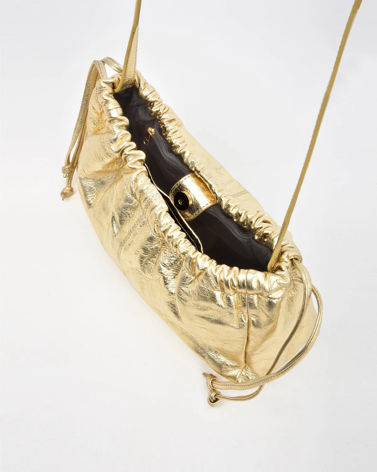 Halley Gold Metallic Leather Drawstring Bag