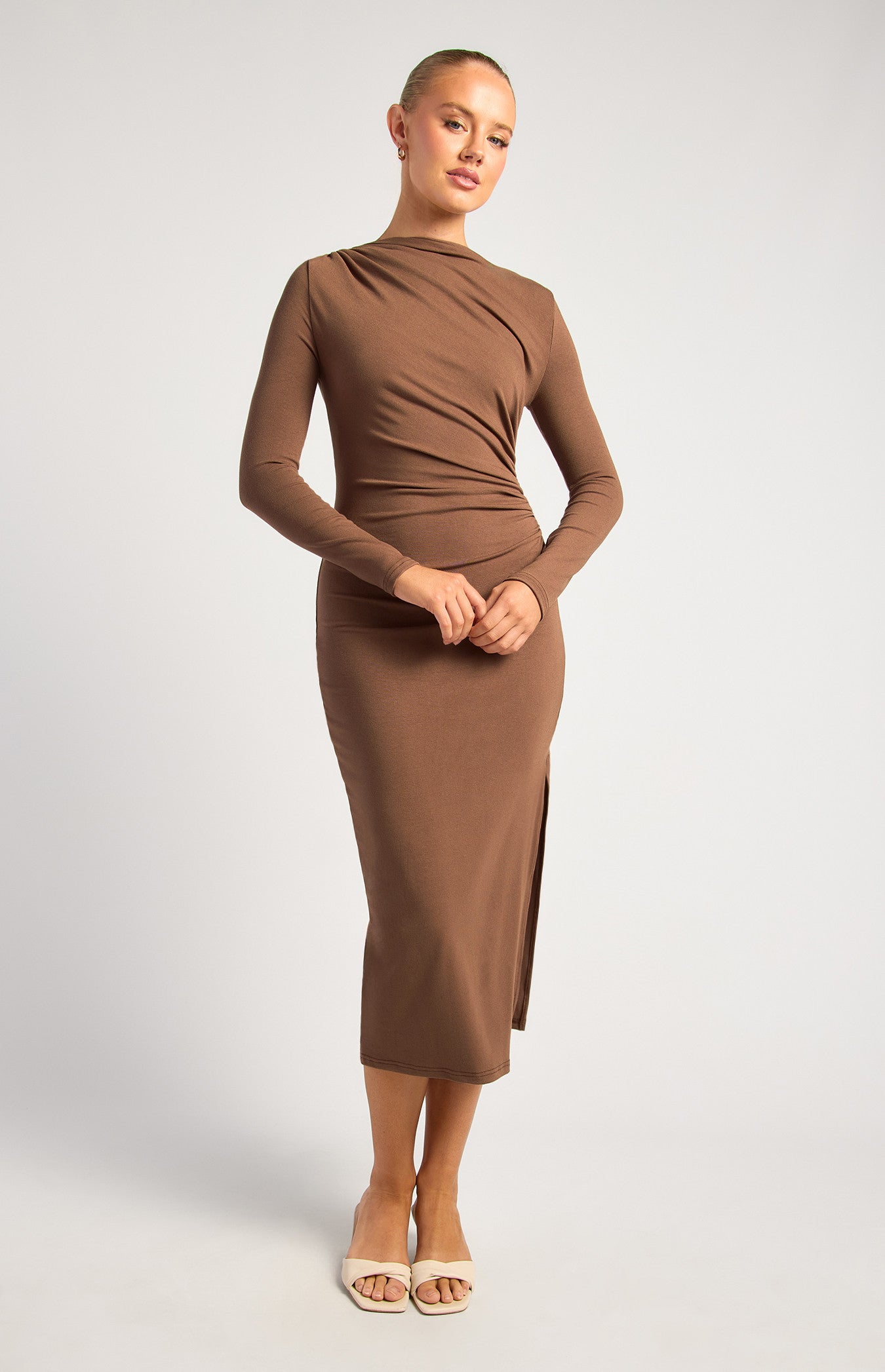 Briana Ruche Detail Midi Dress Chocolate