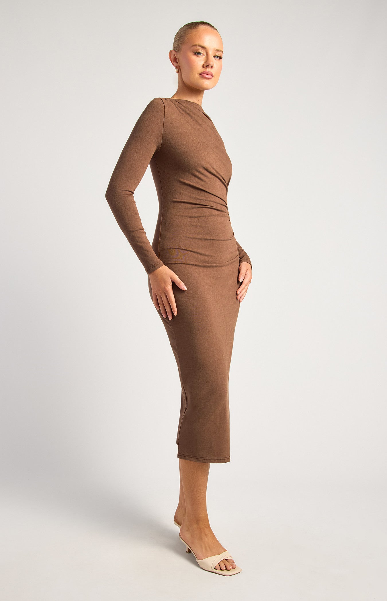 Briana Ruche Detail Midi Dress Chocolate