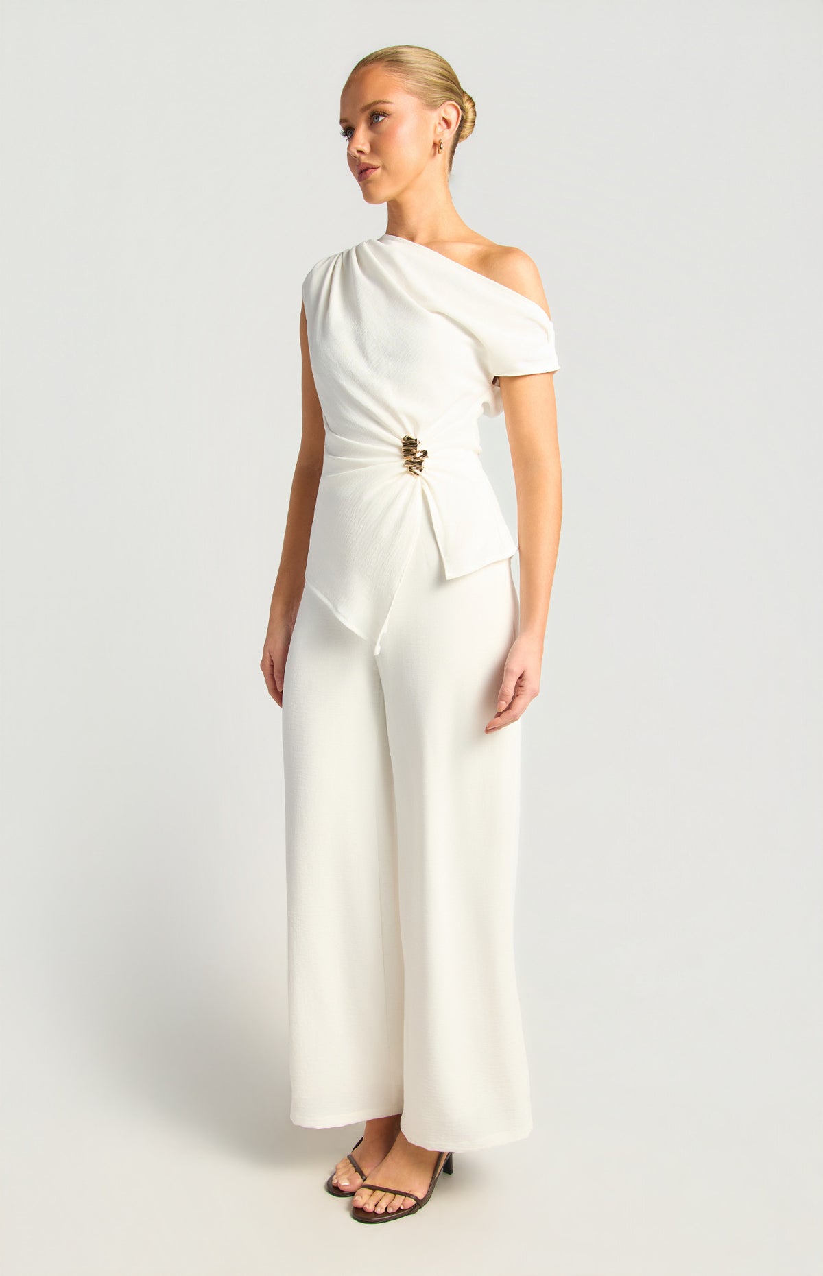 Asymmetric Gold Buckle Top & Pants Set White
